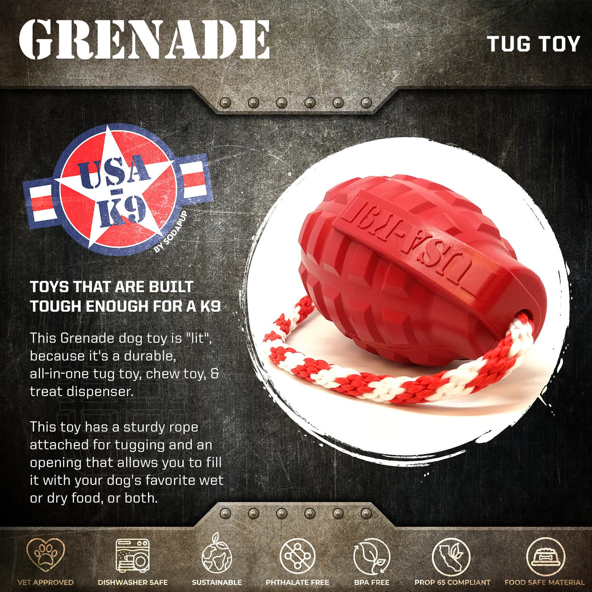USA-K9 Grenade Rubber Chew & Tug Toy - Army Green