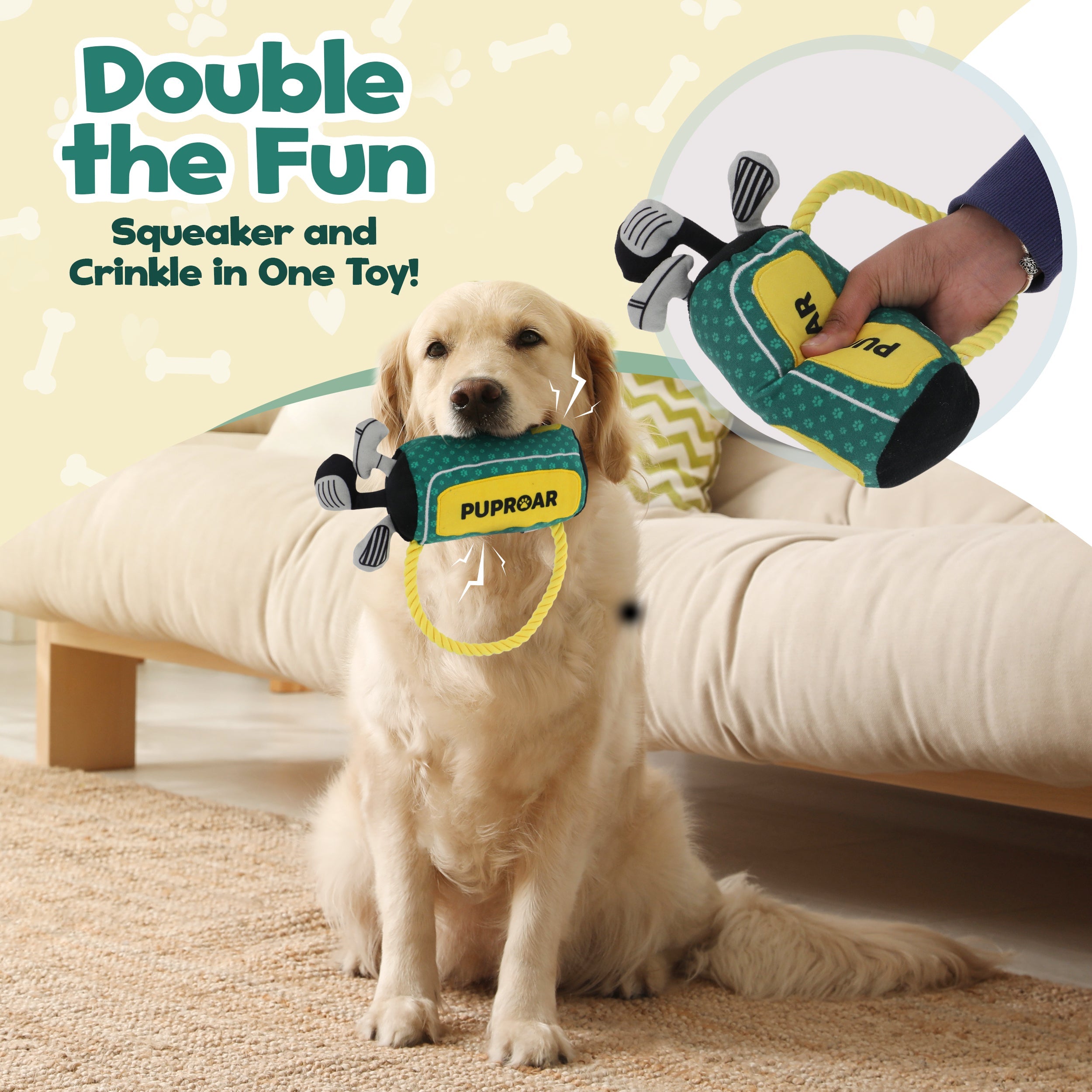 PUPROAR Golf Dog Toy | Cute Squeaky Plush Dog Toy with Rope & Crinkle
